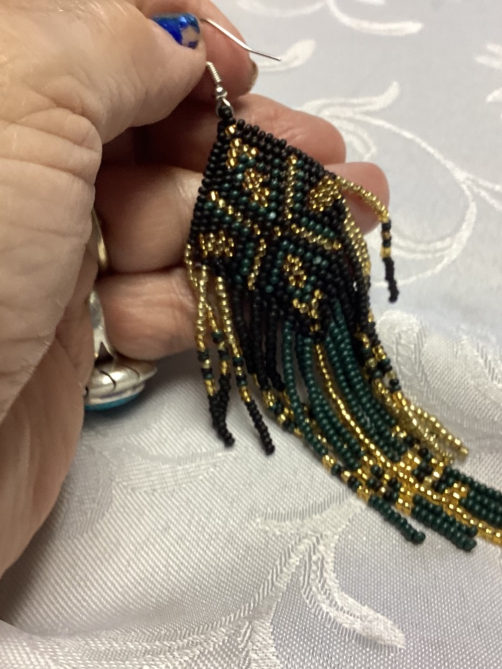 BEADED LONG FUNKY EARRINGS. GOLD & BLACK NEW - Picture 4 of 6